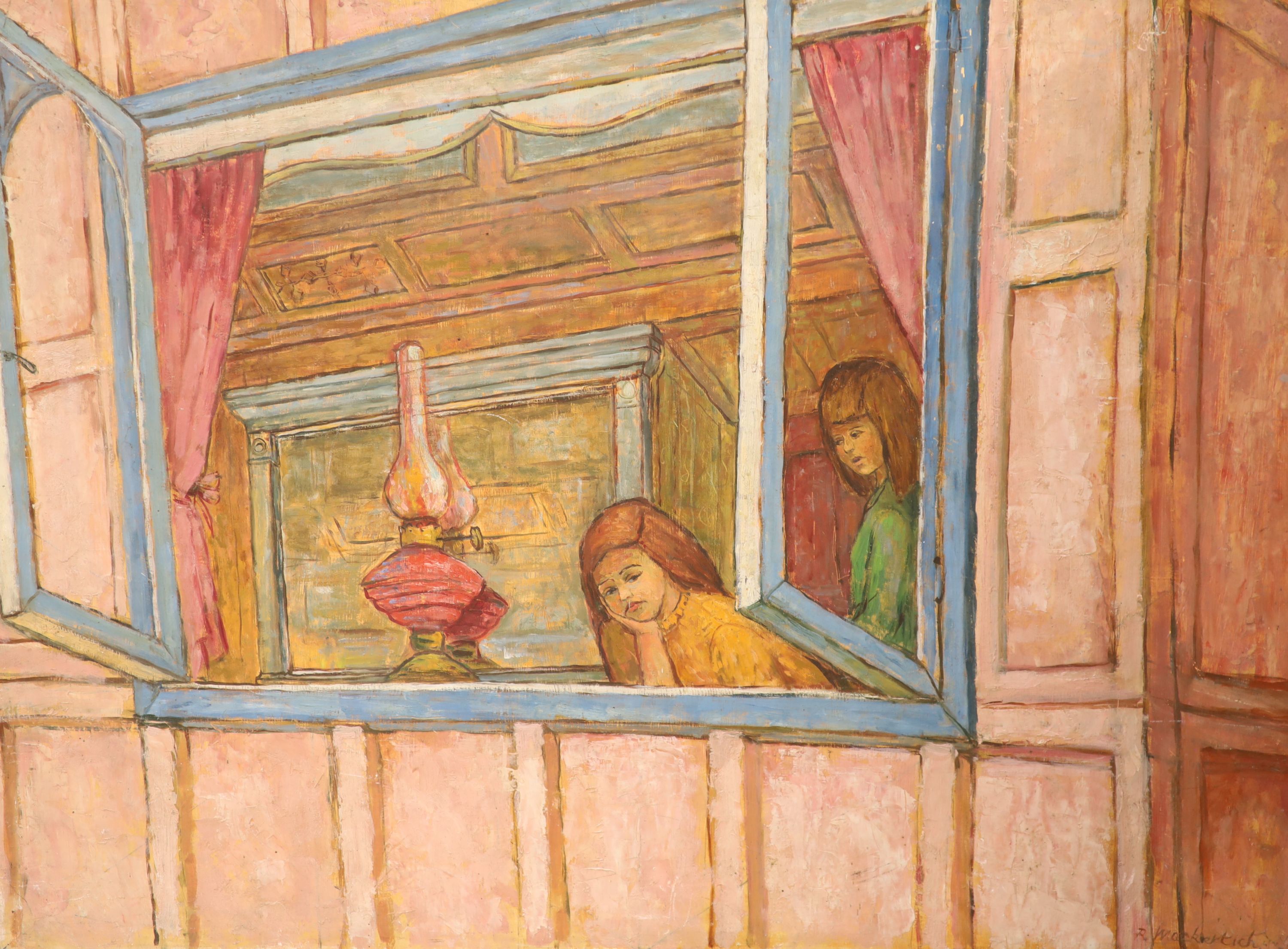 Robin Mackertich (1921-1993), oil on board, Girls looking out of a window, signed, 66 x 89cm, unframed